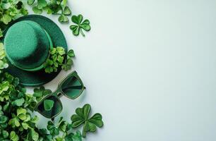 Celebration of St. Patricks Day with green hat, sunglasses, and shamrocks on a bright background photo