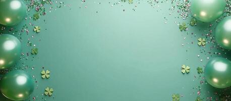 Festive decorations with shamrock balloons and confetti for St Patricks Day celebration photo