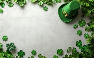 Green leprechaun hats and shamrocks arranged for celebration of St Patricks Day photo