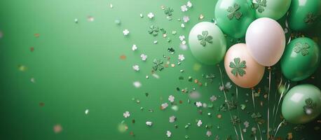 Festive decorations with shamrock balloons and confetti for St Patricks Day celebration photo