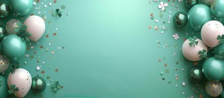 Festive decorations with shamrock balloons and confetti for St Patricks Day celebration photo