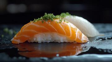 Slices of salmon and white fish sushi served on a dark stone plate with garnish photo