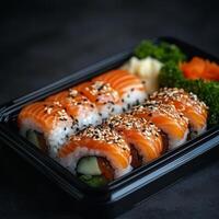Fresh sushi platter with salmon sashimi and cucumber rolls in a takeout container photo