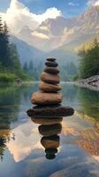 Stones stacked carefully in a tranquil stream surrounded by lush greenery and tall trees photo