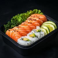 Fresh sushi platter with salmon sashimi and cucumber rolls in a takeout container photo