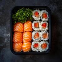 Fresh sushi platter with salmon sashimi and cucumber rolls in a takeout container photo