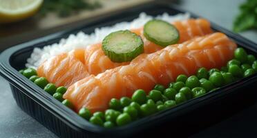 Fresh salmon sashimi served over rice with green peas in a black container photo