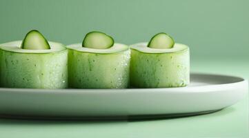 Fresh cucumber sushi rolls with vibrant green presentation on a white plate photo
