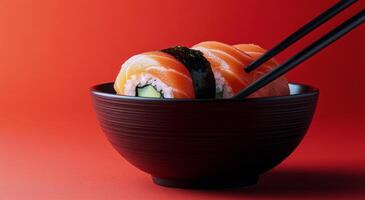 Sushi rolls in a black bowl with chopsticks against a red background photo
