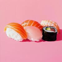 Colorful sushi platter with various fish types on vibrant pink background photo