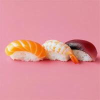Colorful sushi platter with various fish types on vibrant pink background photo