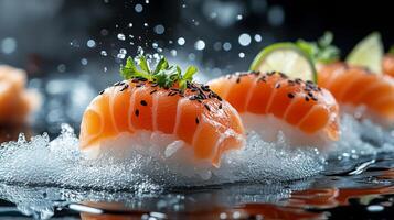 Savor fresh salmon sushi with vibrant garnishes in an elegant dining setting photo