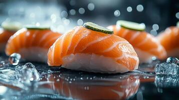 Savor fresh salmon sushi with vibrant garnishes in an elegant dining setting photo