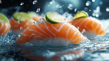 Savor fresh salmon sushi with vibrant garnishes in an elegant dining setting photo