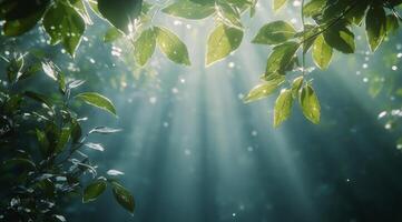 Sunlight streaming through leaves in a lush forest during early morning hours photo