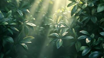 Sunlight streaming through leaves in a lush forest during early morning hours photo