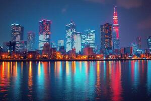 Vibrant skyline of Hong Kong reflected in the harbor at twilight with colorful lights illuminating the buildings photo