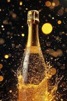 Sparkling champagne bottle with golden bokeh lights in celebration atmosphere photo