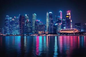 Vibrant skyline of Hong Kong reflected in the harbor at twilight with colorful lights illuminating the buildings photo
