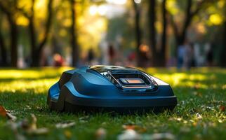 Robotic lawn mower in action on a sunny day in a lush green park photo