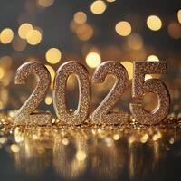 Celebrate New Years Eve 2025 with sparkling gold decorations and bright lights photo