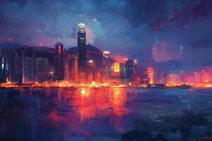 Vibrant skyline of Hong Kong reflected in the harbor at twilight with colorful lights illuminating the buildings photo