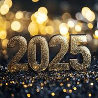Celebrate New Years Eve 2025 with sparkling gold decorations and bright lights photo