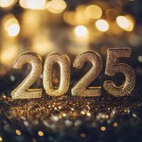 Celebrate New Years Eve 2025 with sparkling gold decorations and bright lights photo