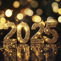 Celebrate New Years Eve 2025 with sparkling gold decorations and bright lights photo