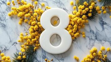 Celebratory arrangement featuring number eight surrounded by vibrant yellow flowers on marble photo