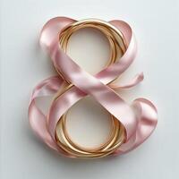 Elegant pink ribbon forming the number eight with wedding rings in a modern design concept photo