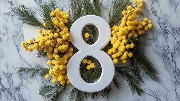 Celebratory arrangement featuring number eight surrounded by vibrant yellow flowers on marble photo