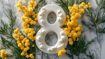 Celebratory arrangement featuring number eight surrounded by vibrant yellow flowers on marble photo