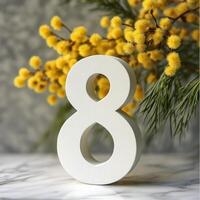 Decorative wooden number eight surrounded by yellow flowers in a modern setting photo