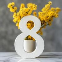 Decorative wooden number eight surrounded by yellow flowers in a modern setting photo
