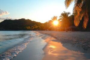 Sunset view over a serene beach with palm trees and gentle waves at a tropical destination photo