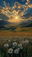 Majestic sunset over mountain landscape with vibrant clouds and sun rays photo