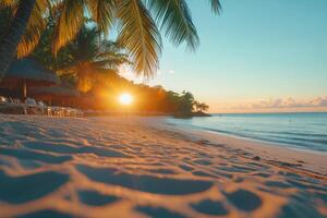 Sunset view over a serene beach with palm trees and gentle waves at a tropical destination photo
