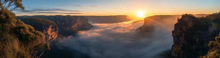 Paragliding above mountains at sunrise with clouds beneath in a breathtaking landscape photo
