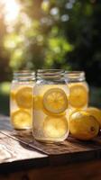Refreshing lemon mint drink served in jars under sunlight in a tranquil outdoor setting photo