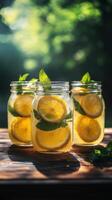 Refreshing lemon mint drink served in jars under sunlight in a tranquil outdoor setting photo
