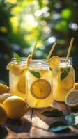 Refreshing lemon mint drink served in jars under sunlight in a tranquil outdoor setting photo