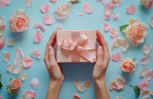 Beautifully wrapped gift surrounded by flowers and hearts in a vibrant setting photo