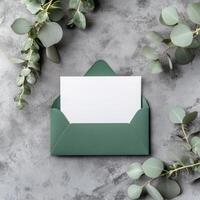 Elegant green envelope with blank card surrounded by eucalyptus leaves on textured gray surface photo