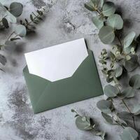 Elegant green envelope with blank card surrounded by eucalyptus leaves on textured gray surface photo