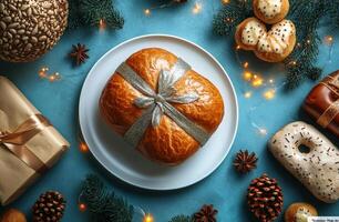 Festive dessert presentation with wrapped bread on blue background surrounded by decorations photo