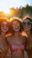 Smiling friends enjoying a sunny day outdoors in summer with vibrant natural backdrop photo