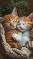 Two adorable kittens sleeping together in a cozy knitted blanket photo