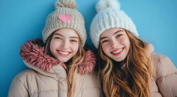 Smiling friends wear matching winter hats with pom poms and cozy jackets in a bright blue setting photo