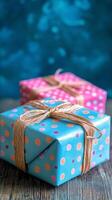 Colorful wrapped gifts on a blue background with bokeh highlights for festive occasions photo